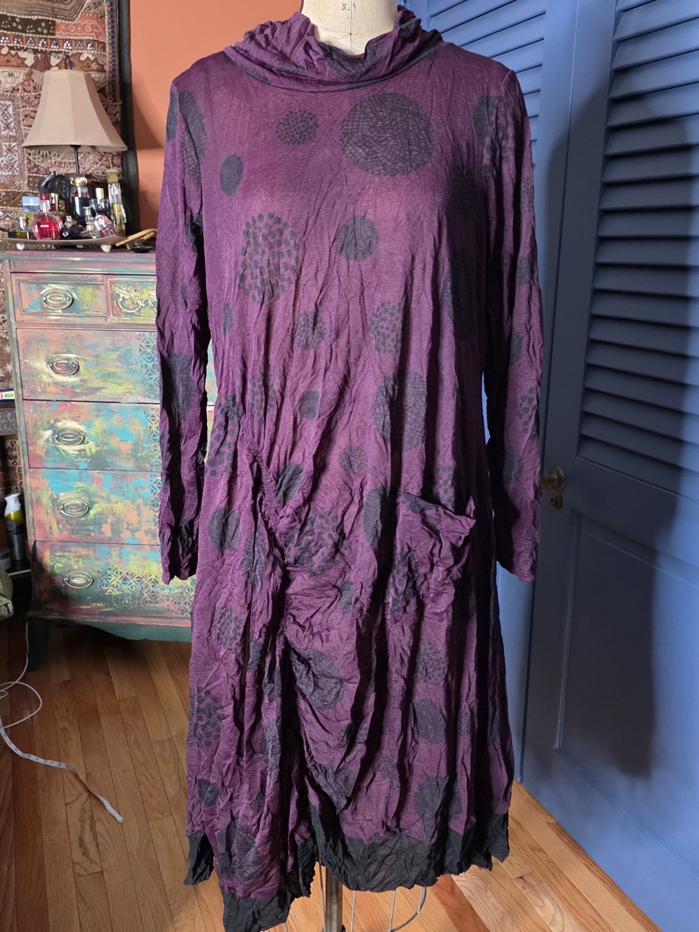 Chalet et Ceci Purple Crinkled Polka Dot Asymmetrical Midi Dress Large
